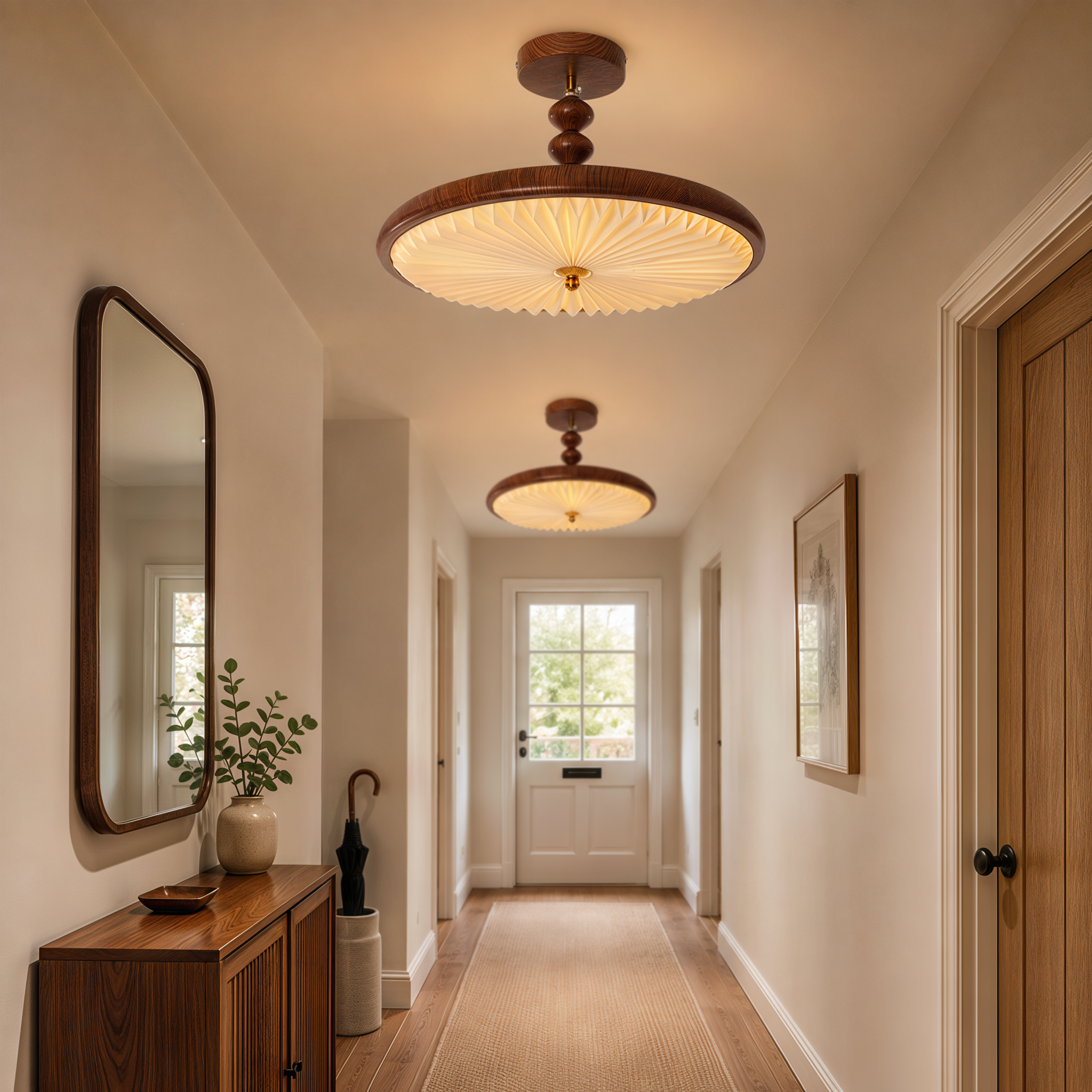 walnut pleated flush ceiling light with shade texture and trim detail