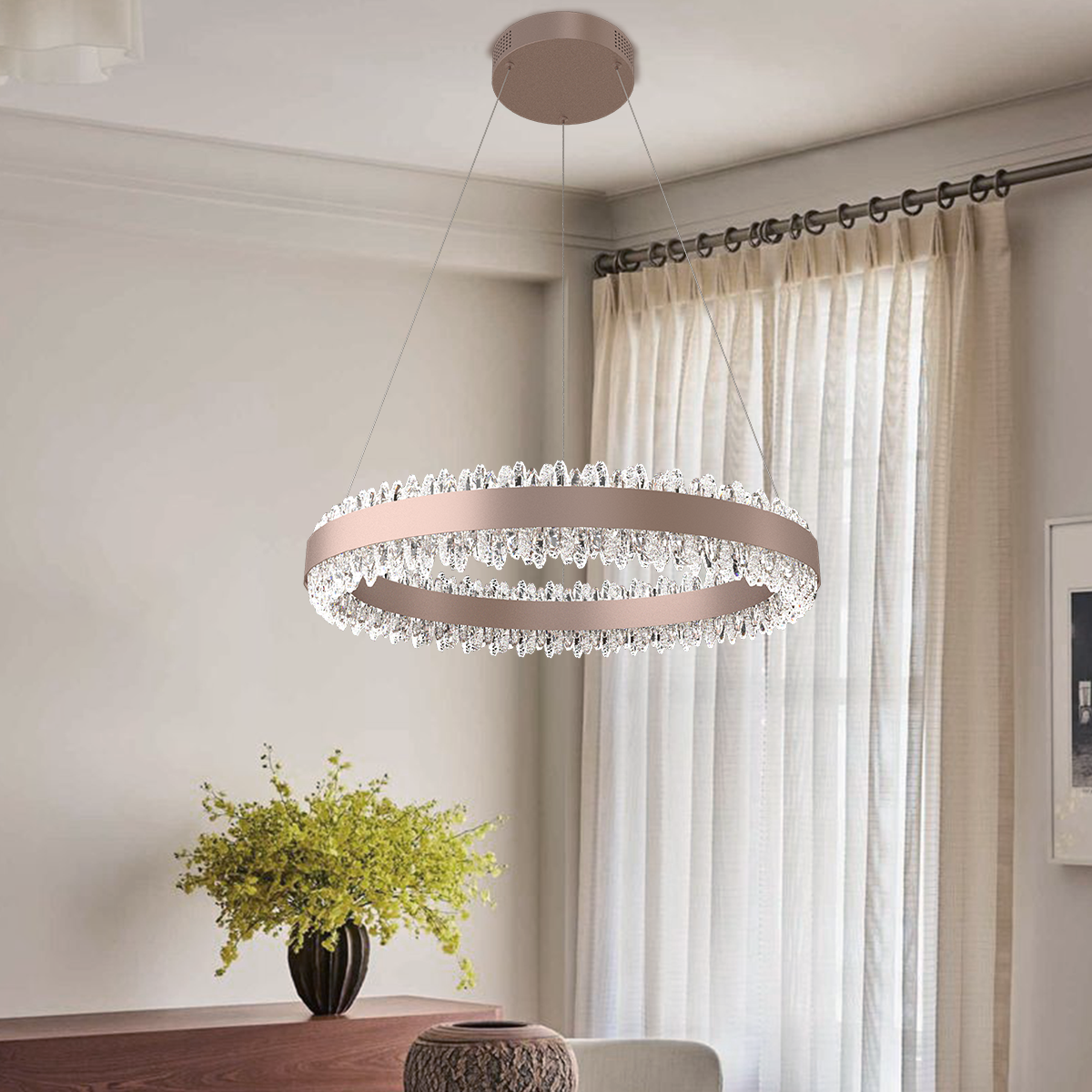 Stylish Gold LED Circular Pendant Light with Crystal Edges