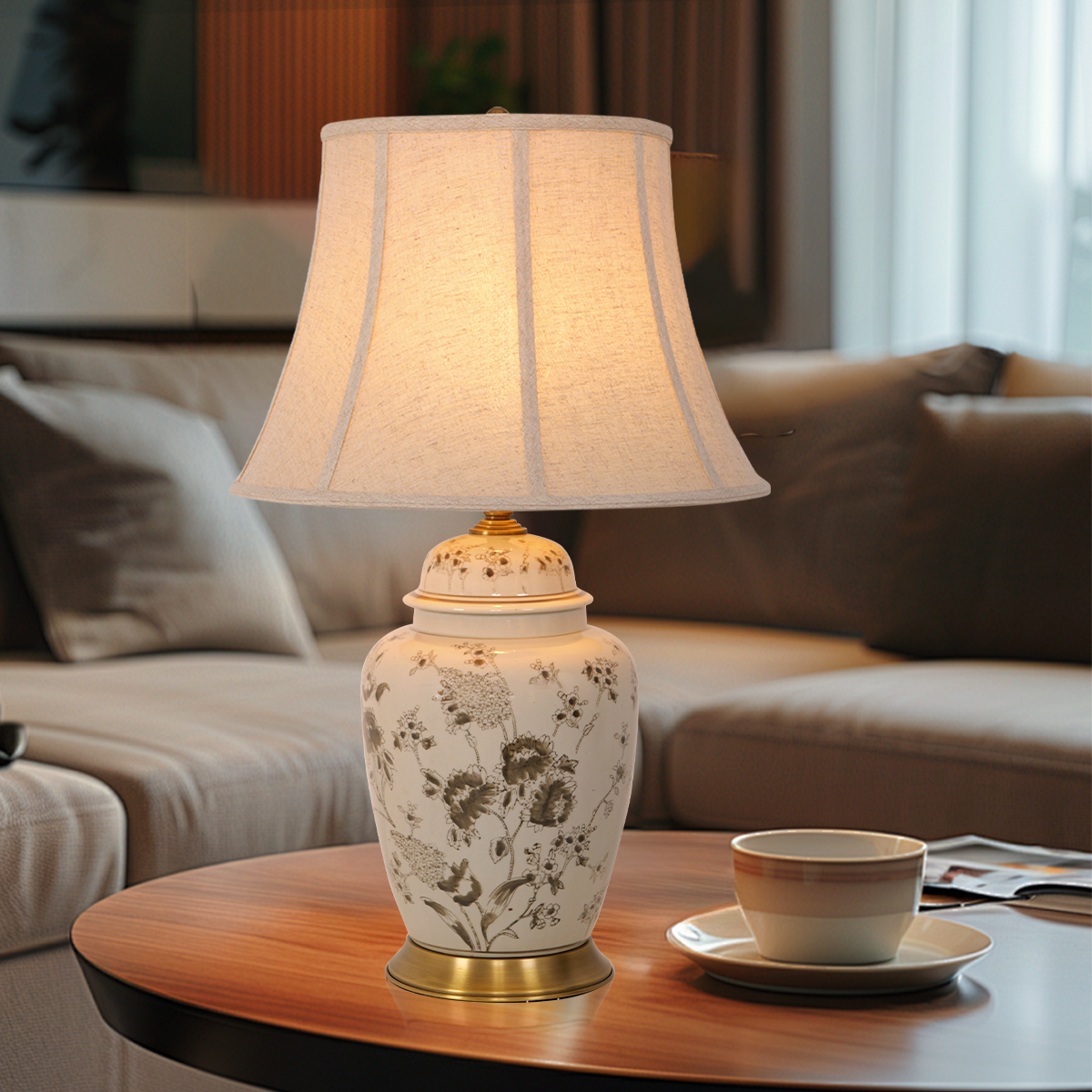 Chrysanthemum Ceramic and Copper Table Lamp with Fabric Shade