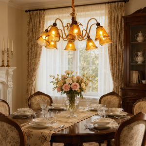 8-light walnut chandelier with amber cut glass shades in an elegant lounge setting
