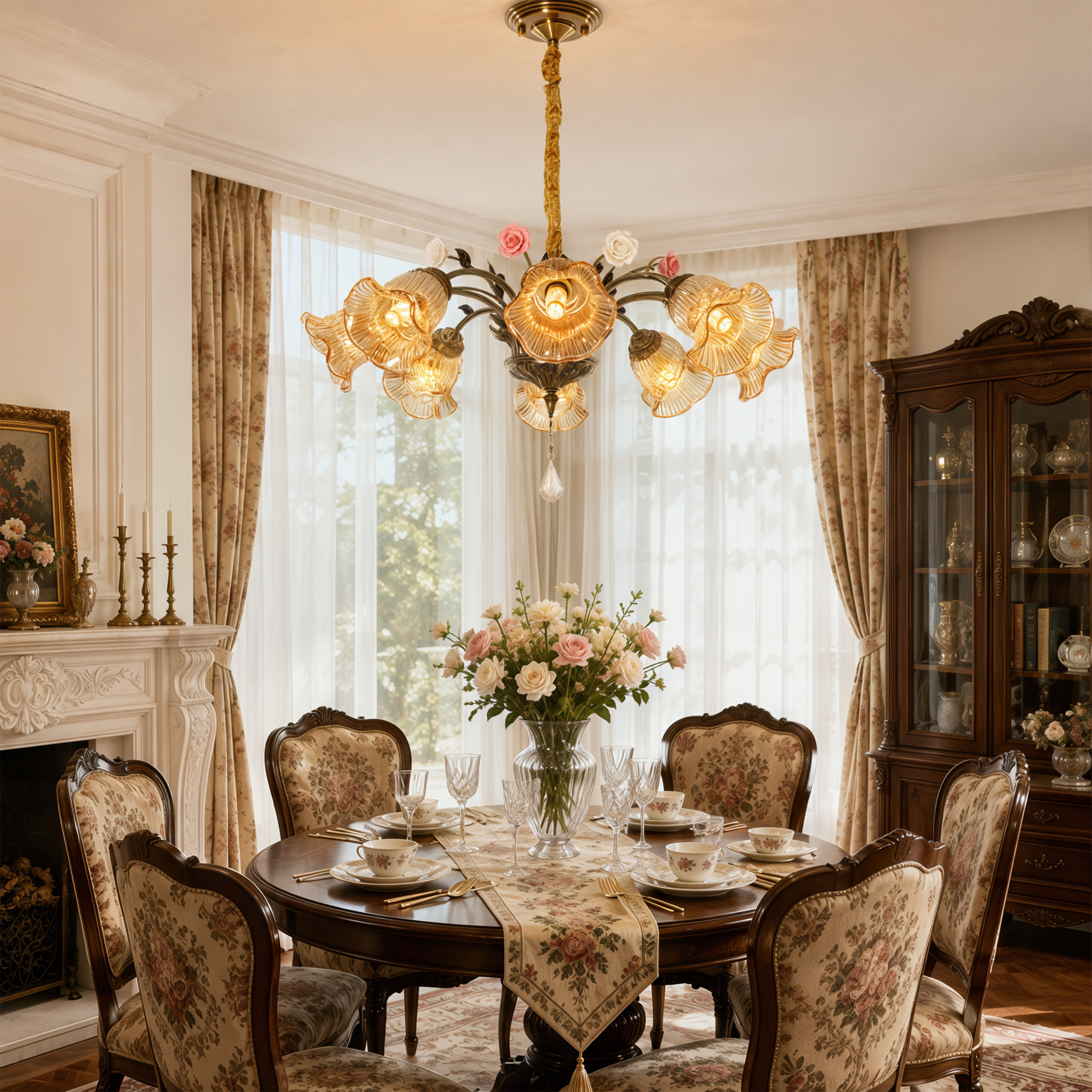 antique bronze chandelier with amber flower shades shown as a clean product view