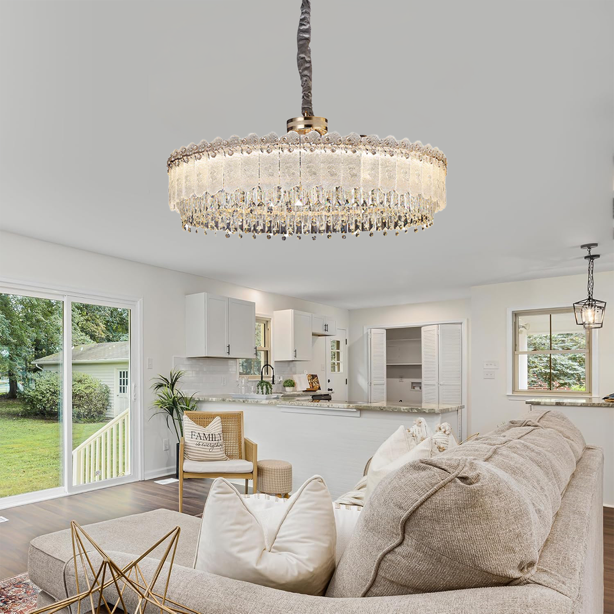 Contemporary Oval & Round Crystal Pendant Ceiling Light Dimmable Fixture