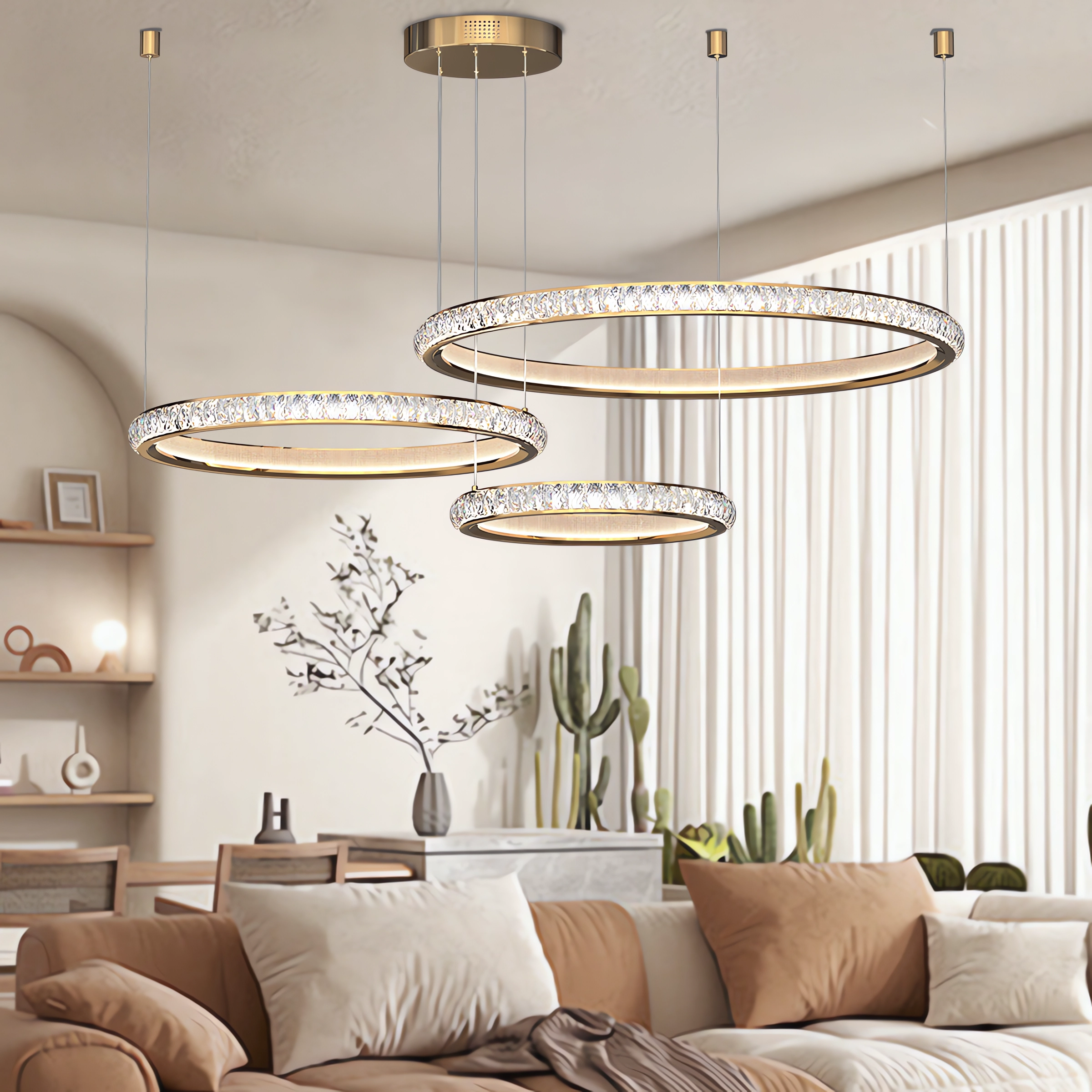 Modern Crystal LED Triple-Ring Pendant Light