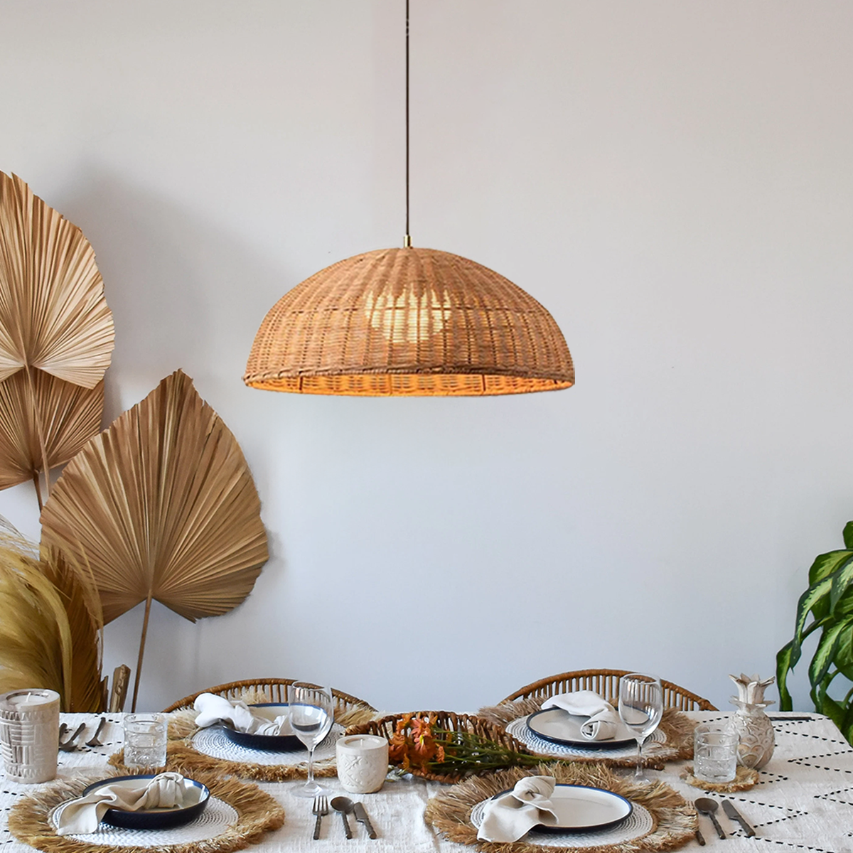 Vintage Inspired Handwoven Rattan Basket Weave Pendant Light