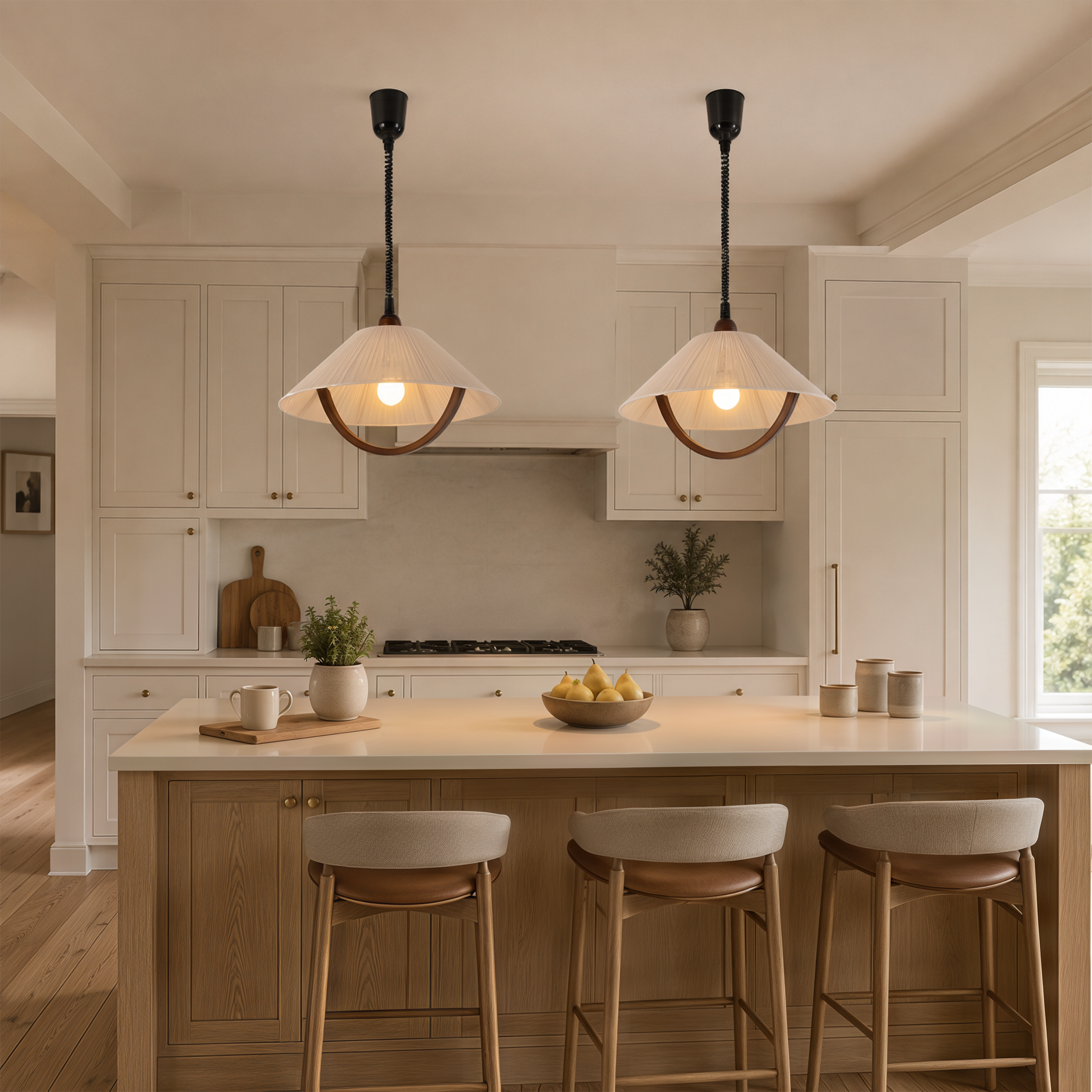 natural wood curved pendant light beside a cosy seating area