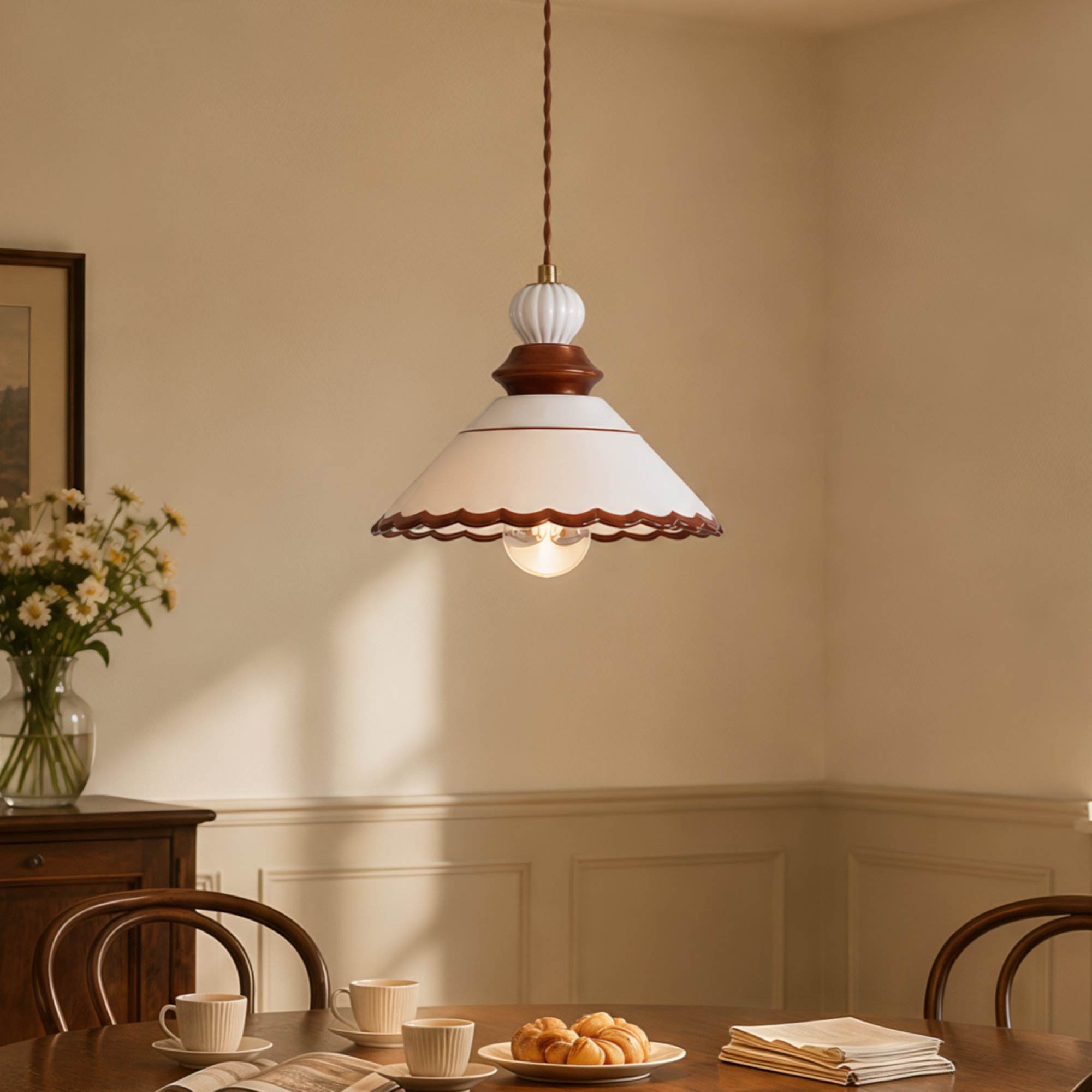 brown ceramic lace pendant light hung above a dining table