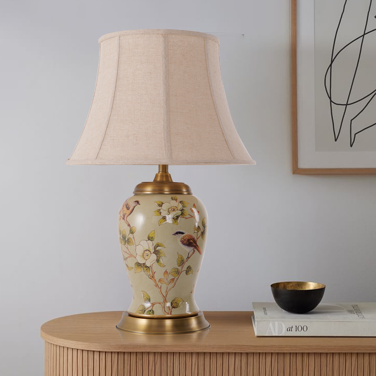 Vintage Camellia Ceramic Table Lamp with Copper Base and Fabric Shade