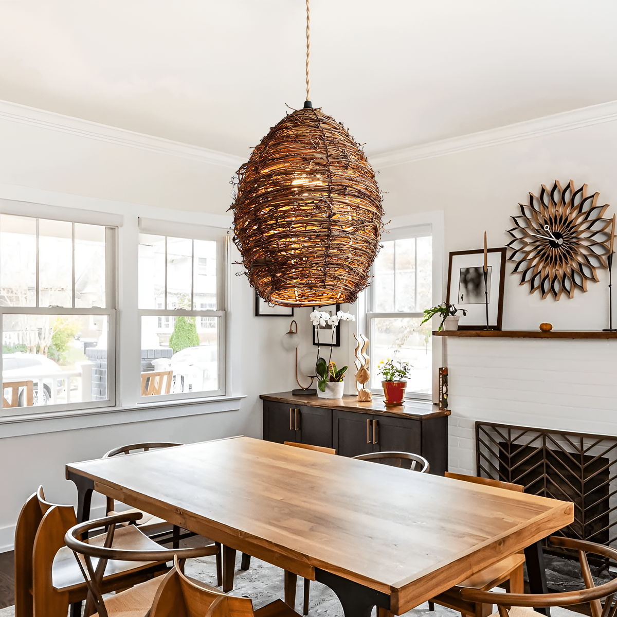 Handcrafted Rustic Woven Rattan and Iron Pendant Light