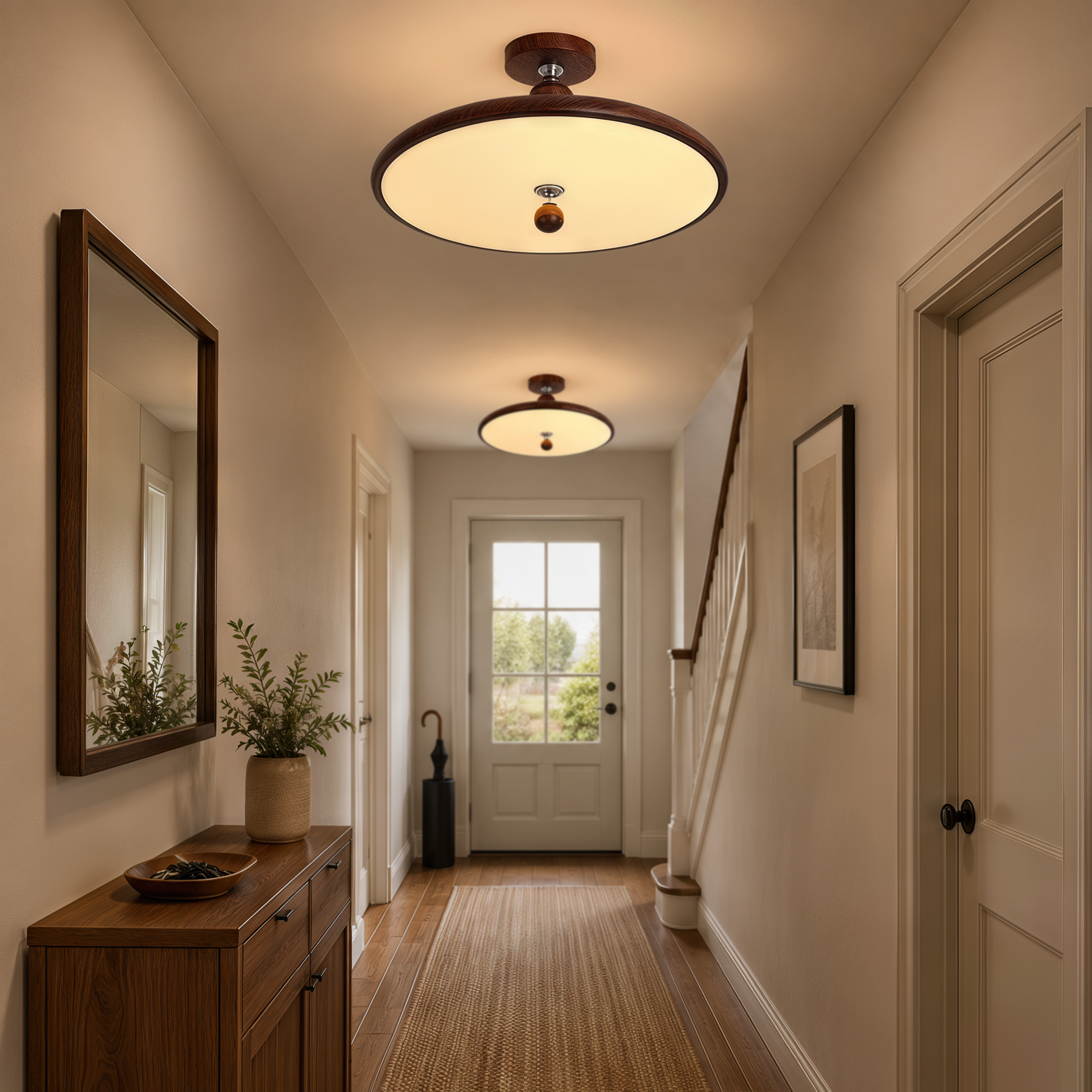 walnut two-globe flush ceiling light shown as a clean product view