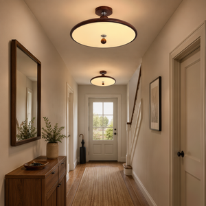 walnut two-globe flush ceiling light shown as a clean product view