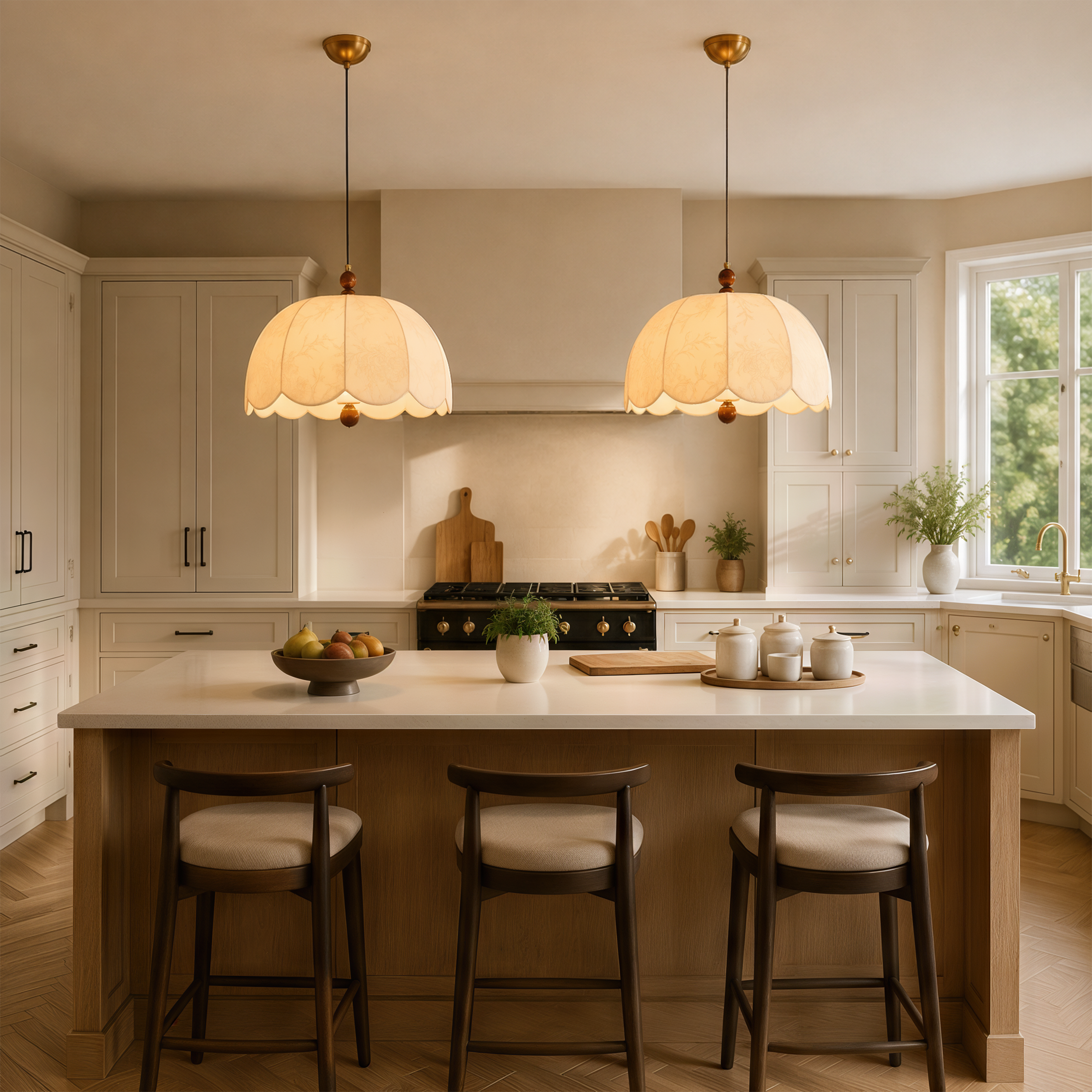 yellow fabric pendant light adding warm light to a dining space