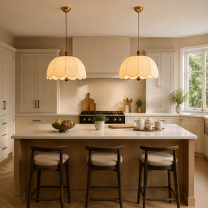 yellow fabric pendant light adding warm light to a dining space