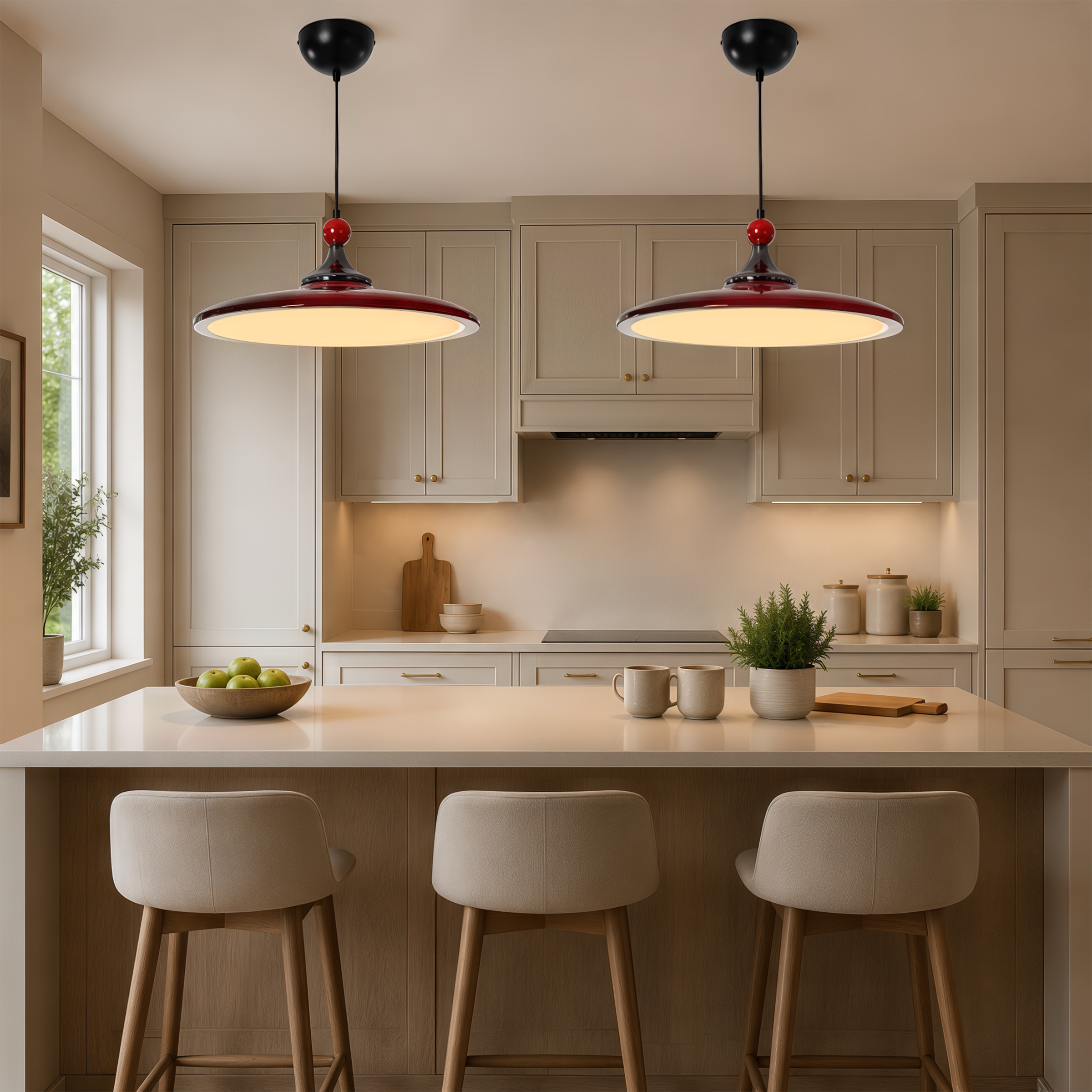 red iron pendant light in a warm living room