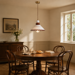 brown ceramic lace pendant light styled in a calm bedroom