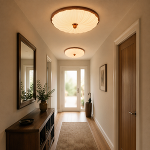 walnut scalloped acrylic ceiling light in a hallway with neat flush fit