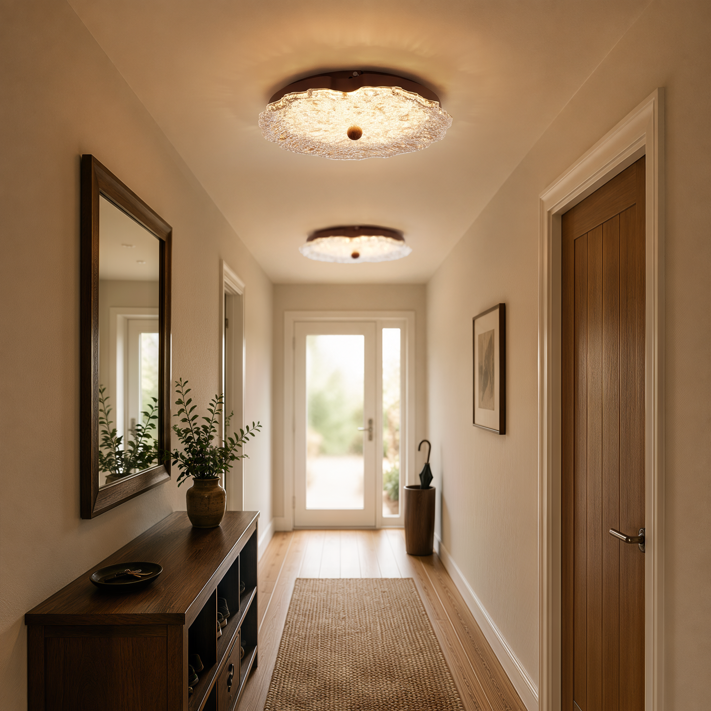 walnut ripple acrylic ceiling light in a hallway with neat flush fit