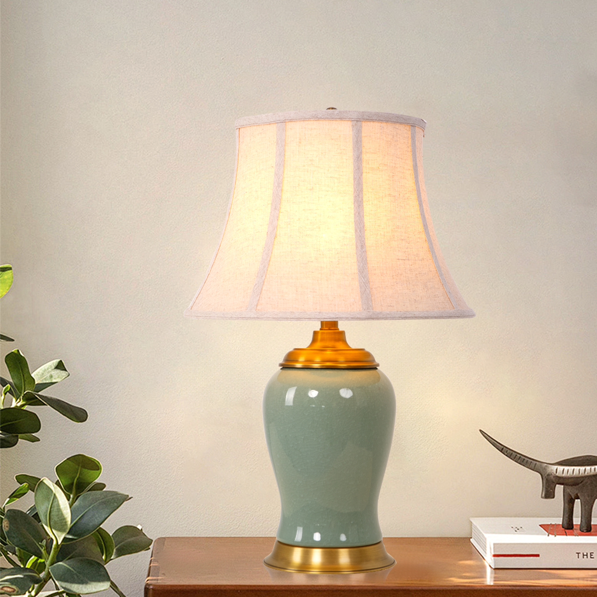 Vintage Green Crackle Ceramic Table Lamp with Fabric Shade