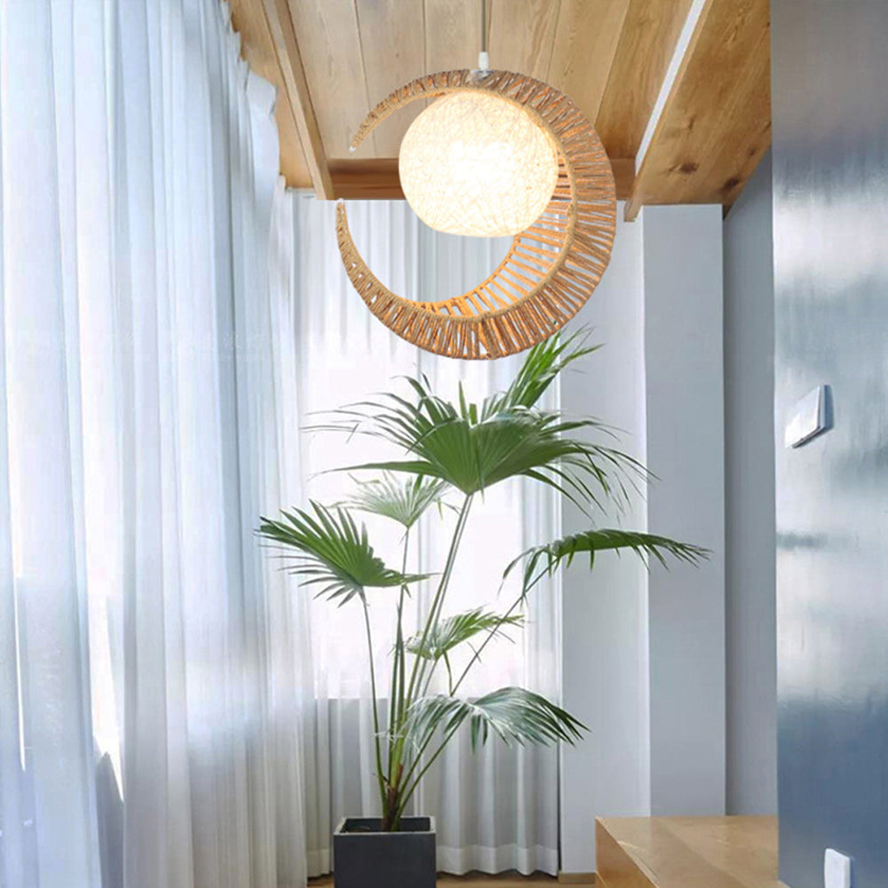 Moon-Shaped Eco-Friendly LED Hemp Rope Pendant Light