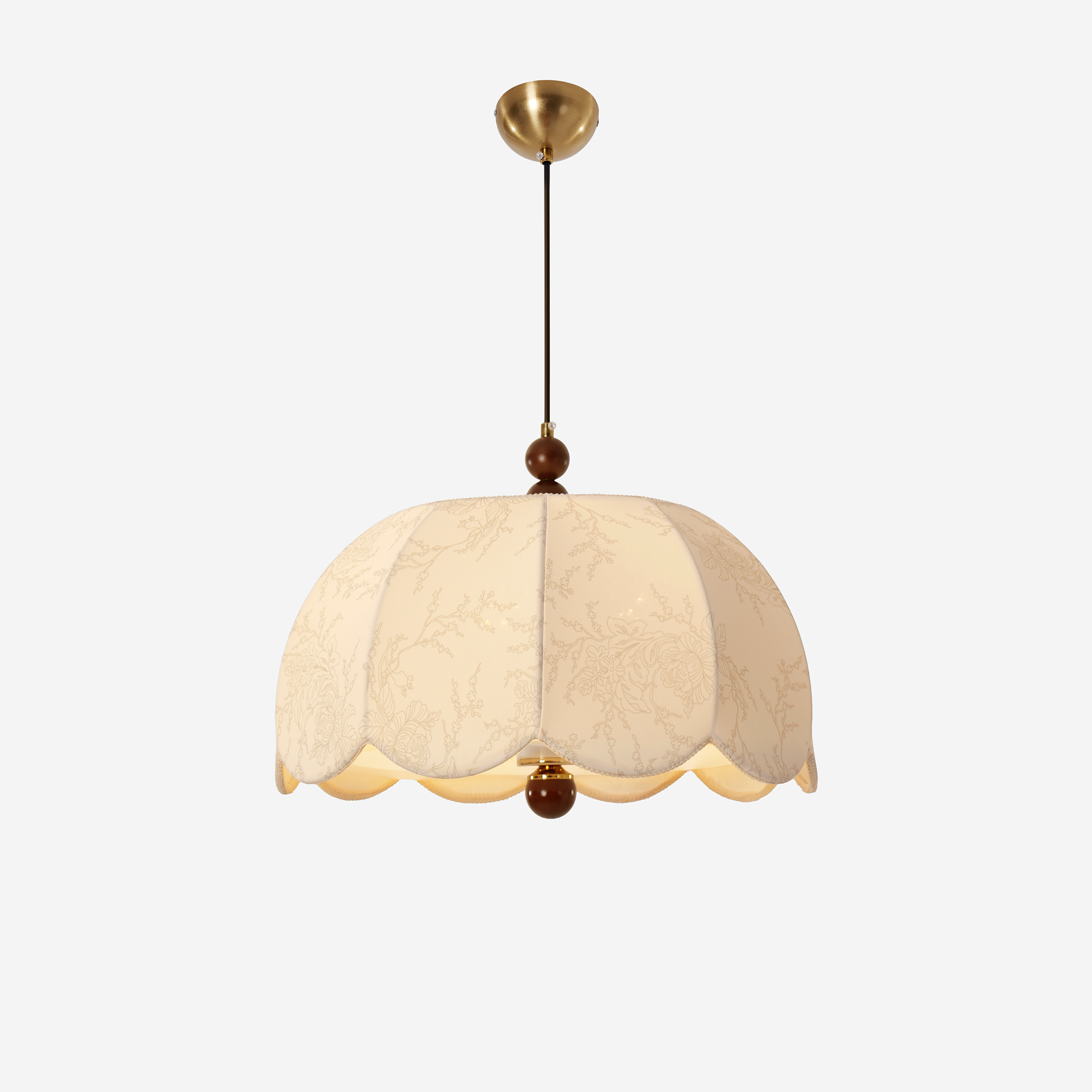 yellow fabric pendant light in a warm living room