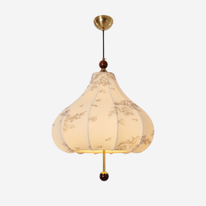 yellow floral fabric pendant light shown as a clean product view