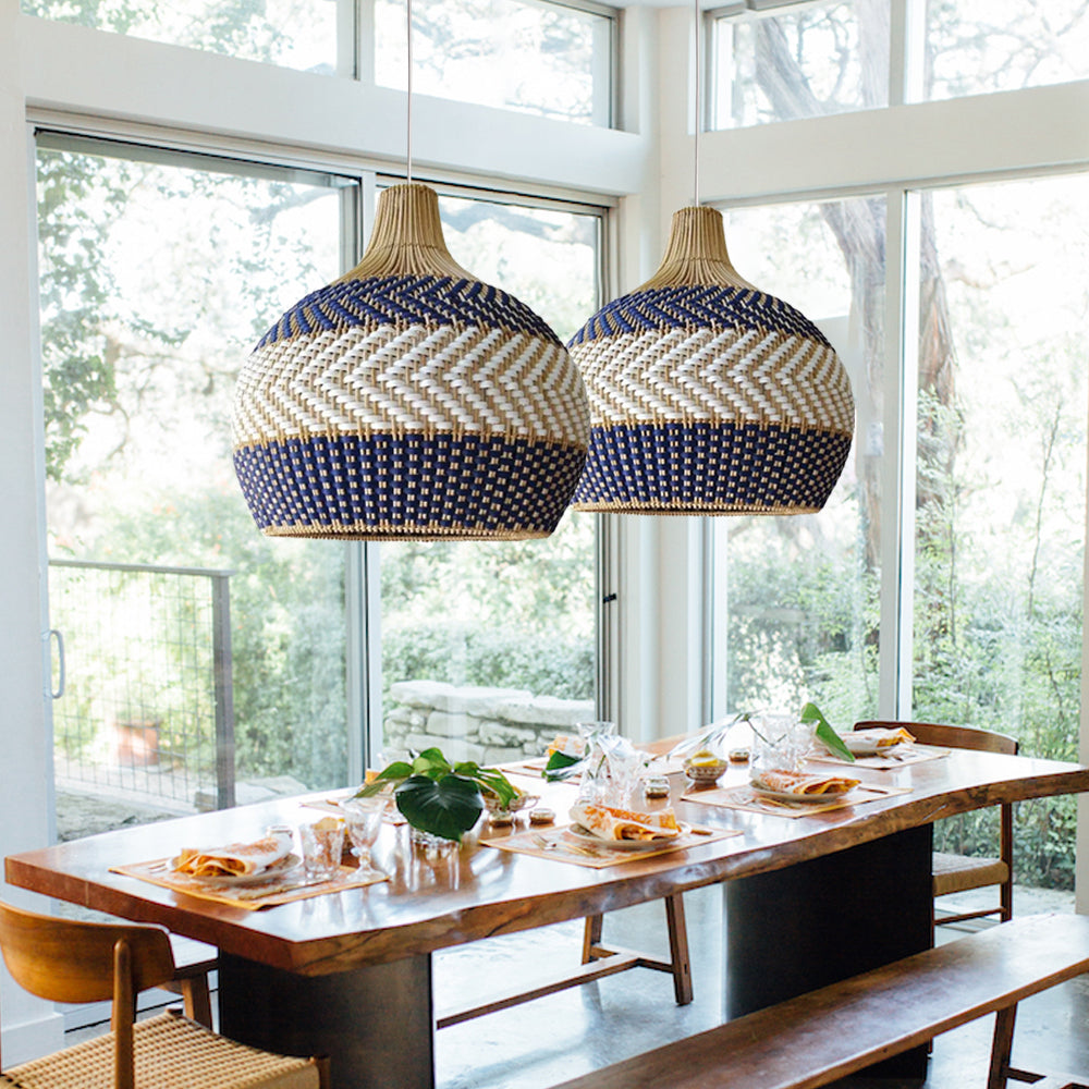 Handwoven Blue and White Rattan Pendant Light