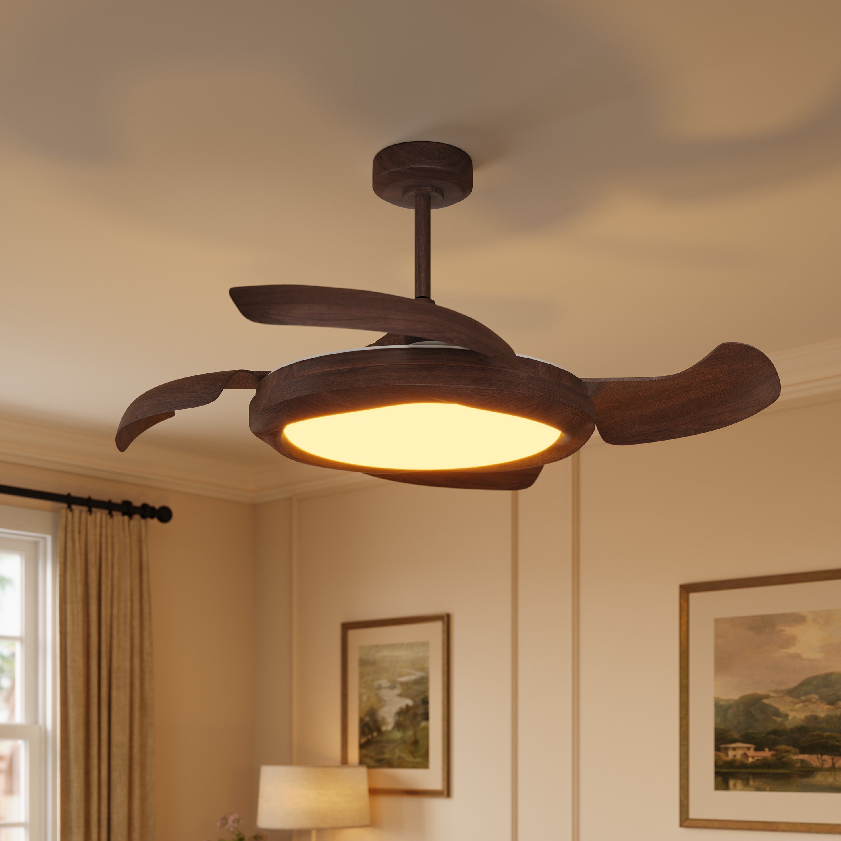 Walnut effect ceiling fan light with warm glow in a cream living room