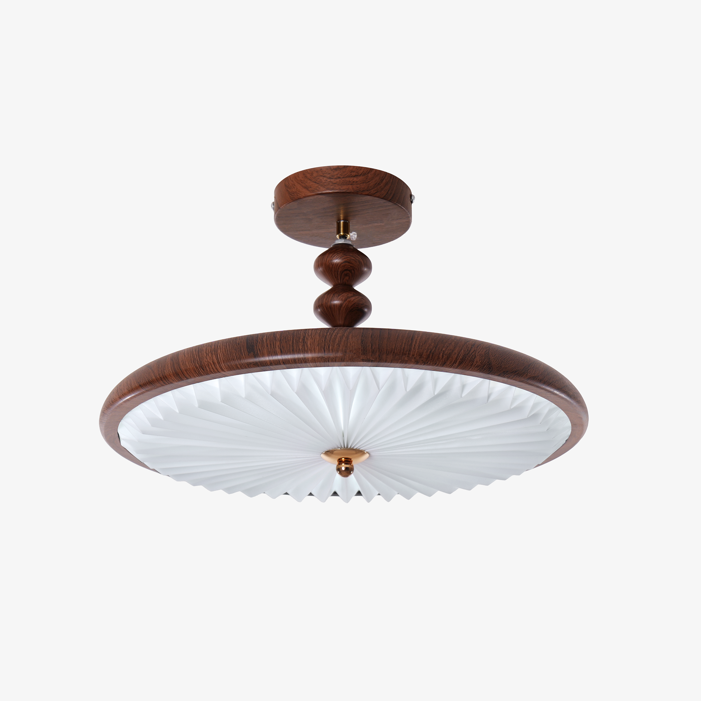 walnut pleated flush ceiling light with a warm diffused glow