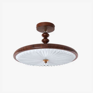 walnut pleated flush ceiling light with a warm diffused glow