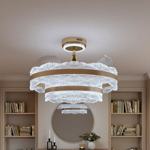 Cool white acrylic fan light above a modern living room seating area