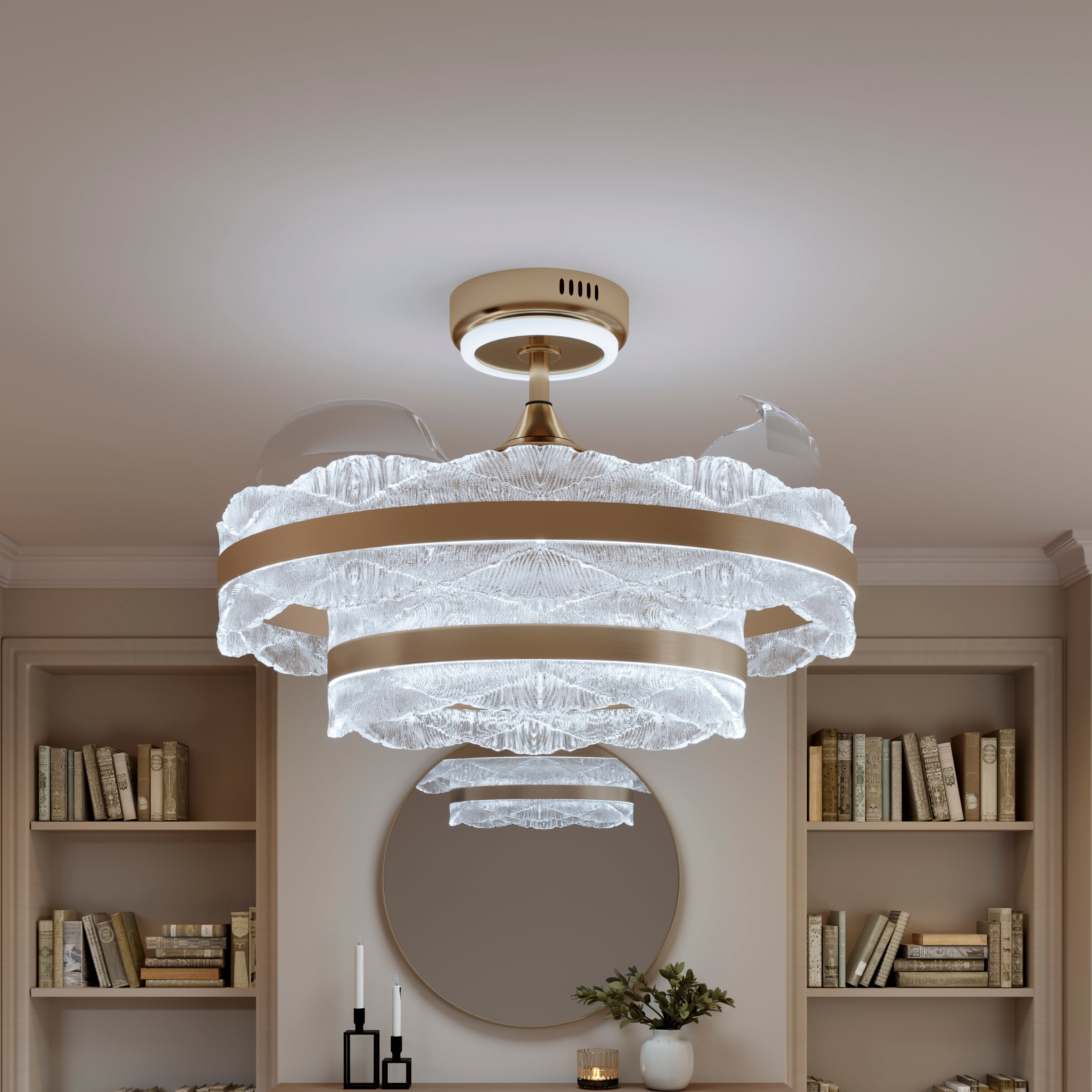 Cool white acrylic fan light above a modern living room seating area