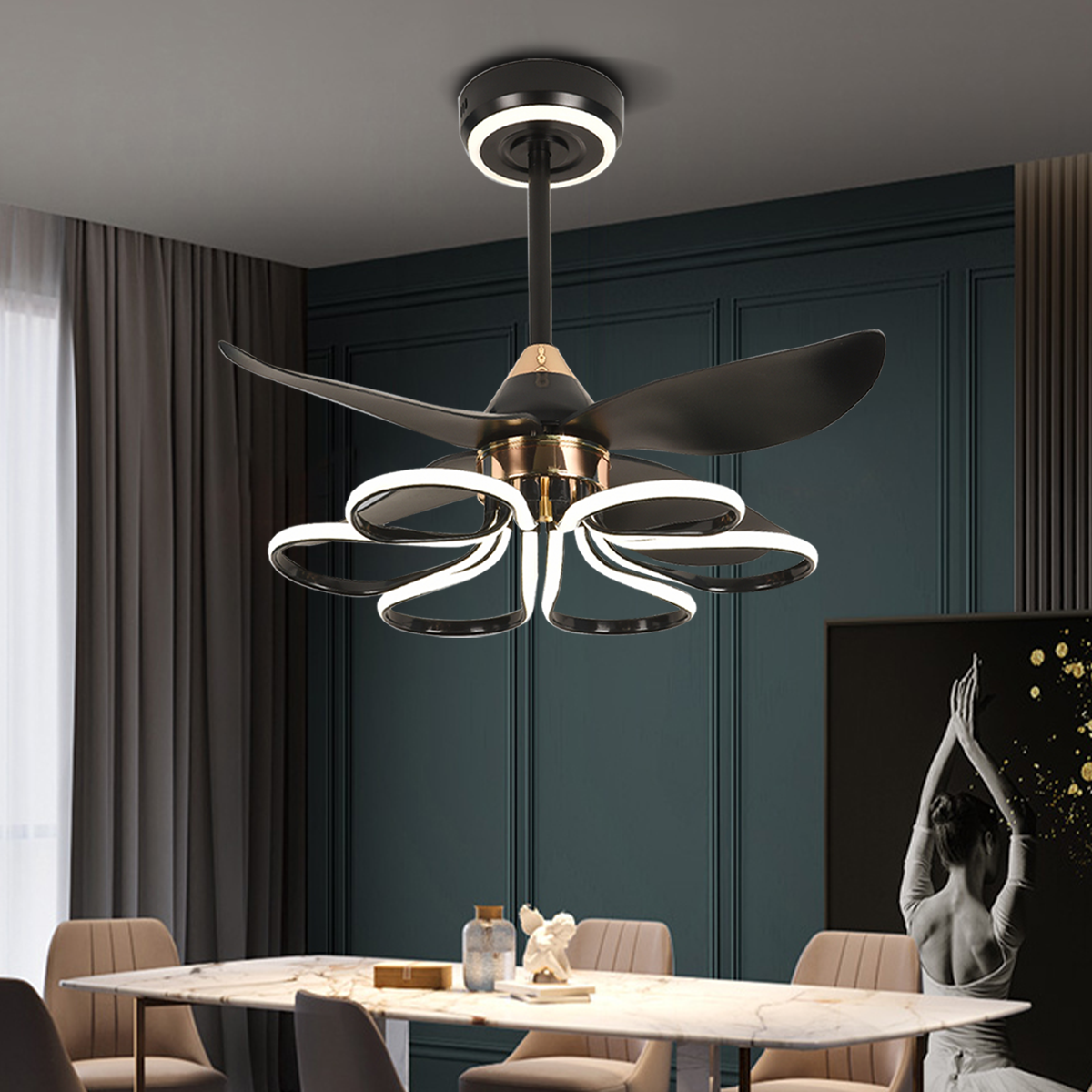 Contemporary Black Aluminum Ceiling Fan Light for Living Rooms