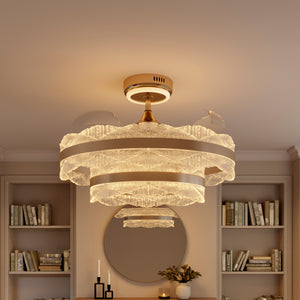 Warm white acrylic fan light in a cosy living room with bookcases
