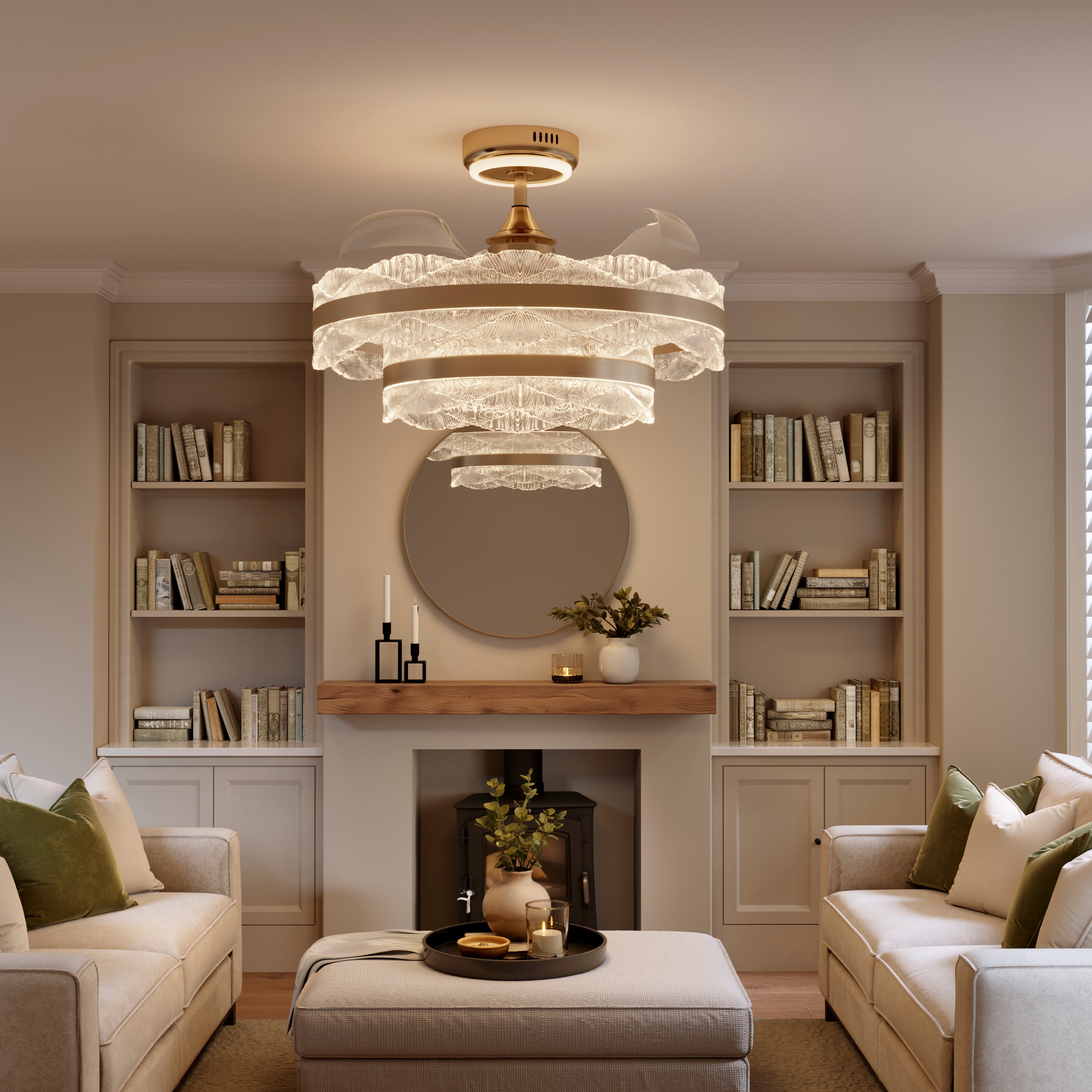 Layered acrylic fan light above a sofa and round mirror in living room