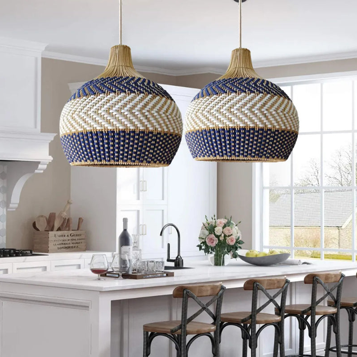 Handwoven Blue and White Rattan Pendant Light