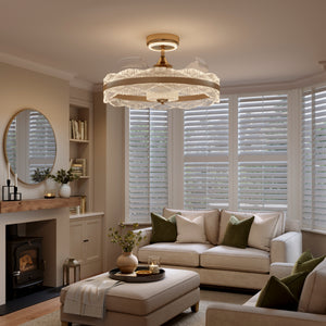 Acrylic fan light in bright living room with window shutters
