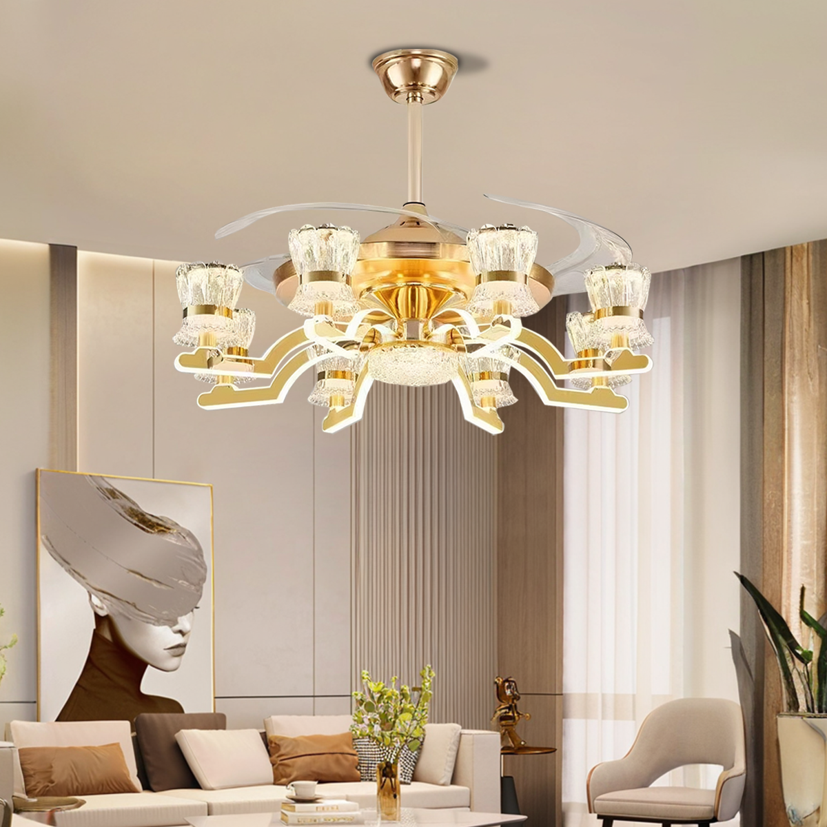 Elegant Gold Copper Crystal Fan Light