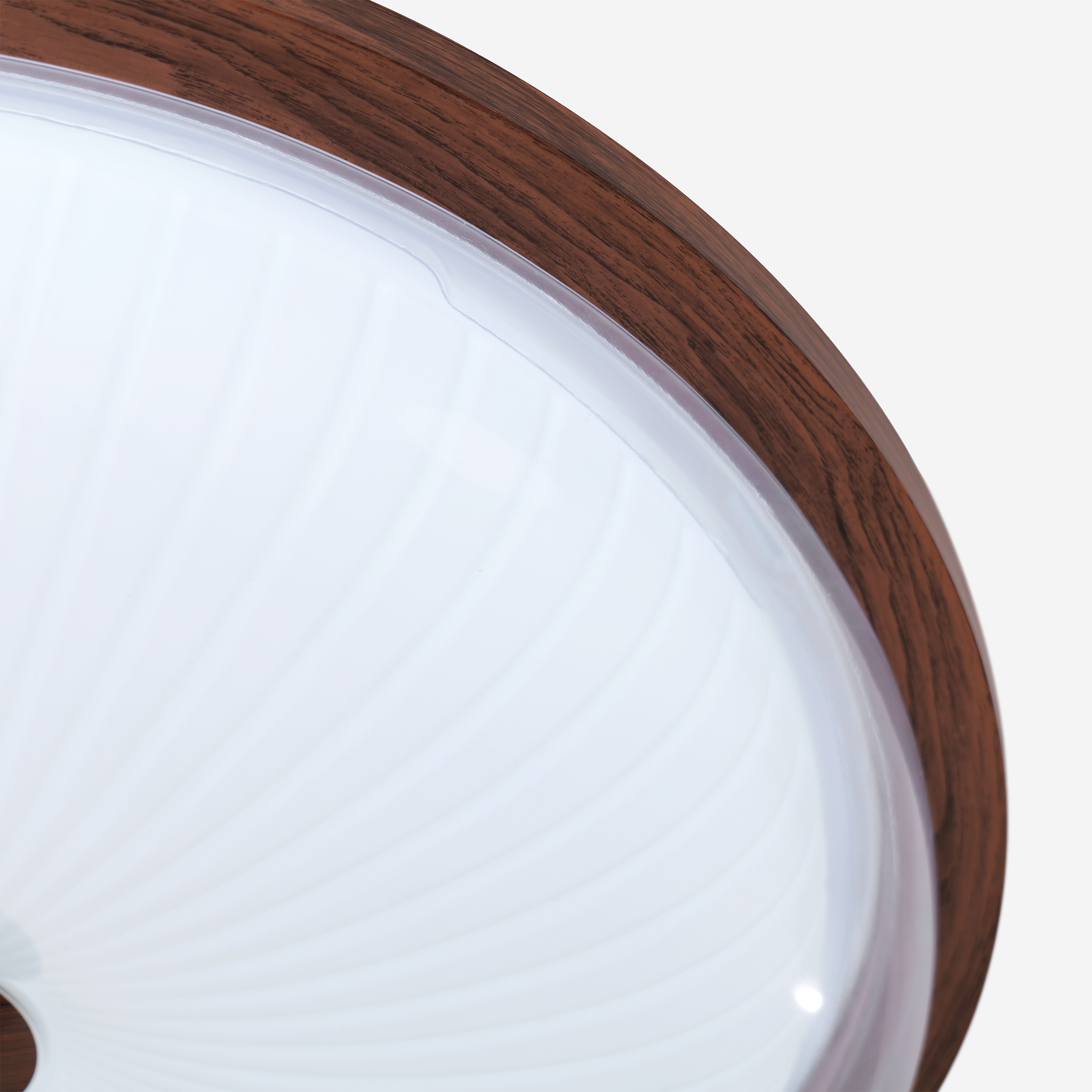 walnut ribbed acrylic ceiling light with a warm diffused glow