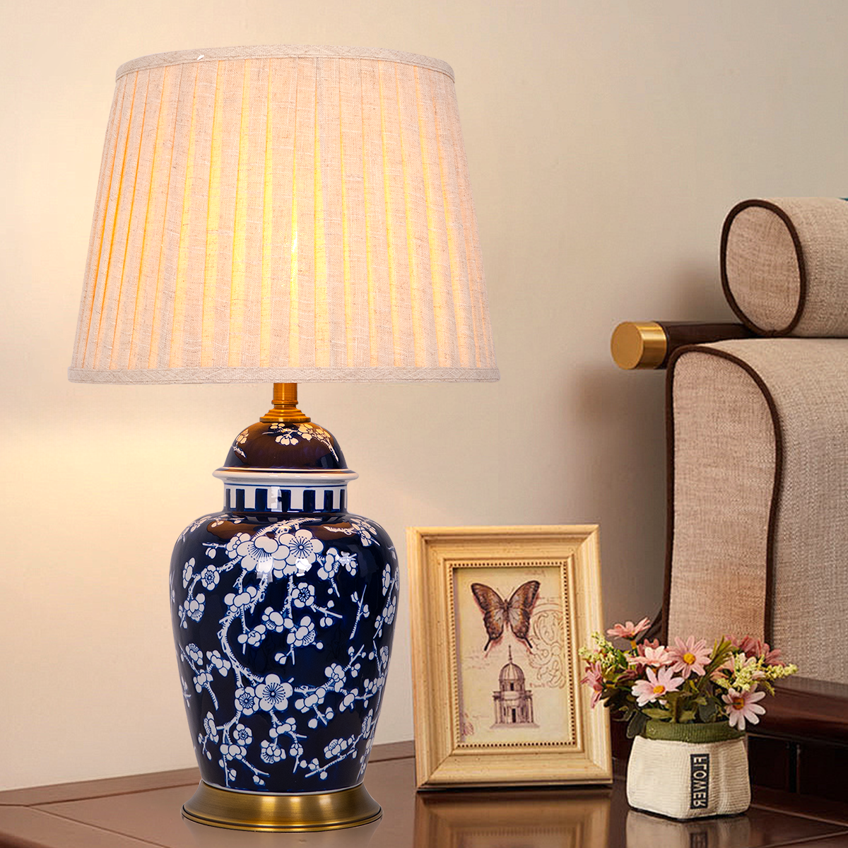 Vintage Floral Ceramic Table Lamp with Brass Base and Fabric Shade