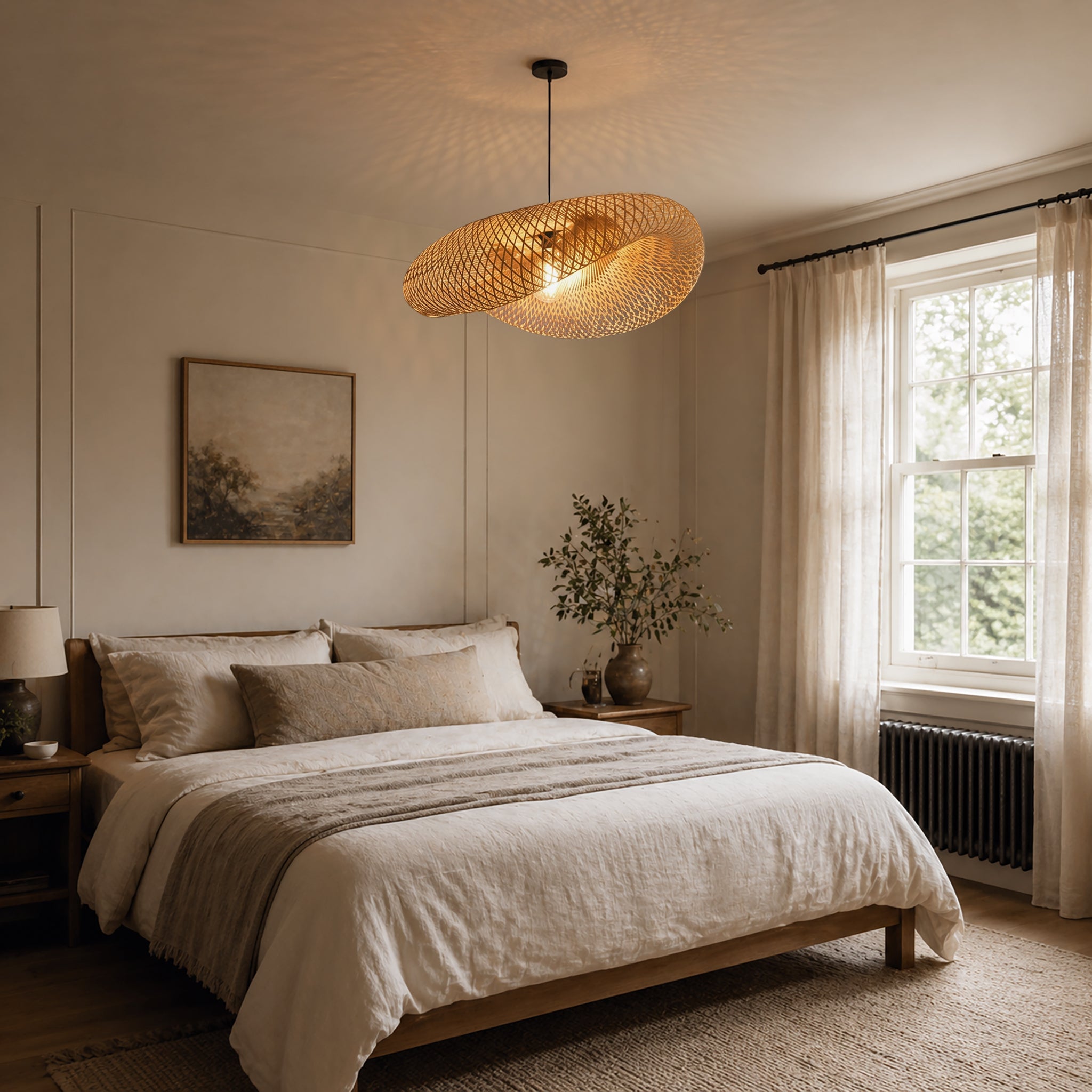 woven bamboo pendant light over a calm bedroom with wooden bed