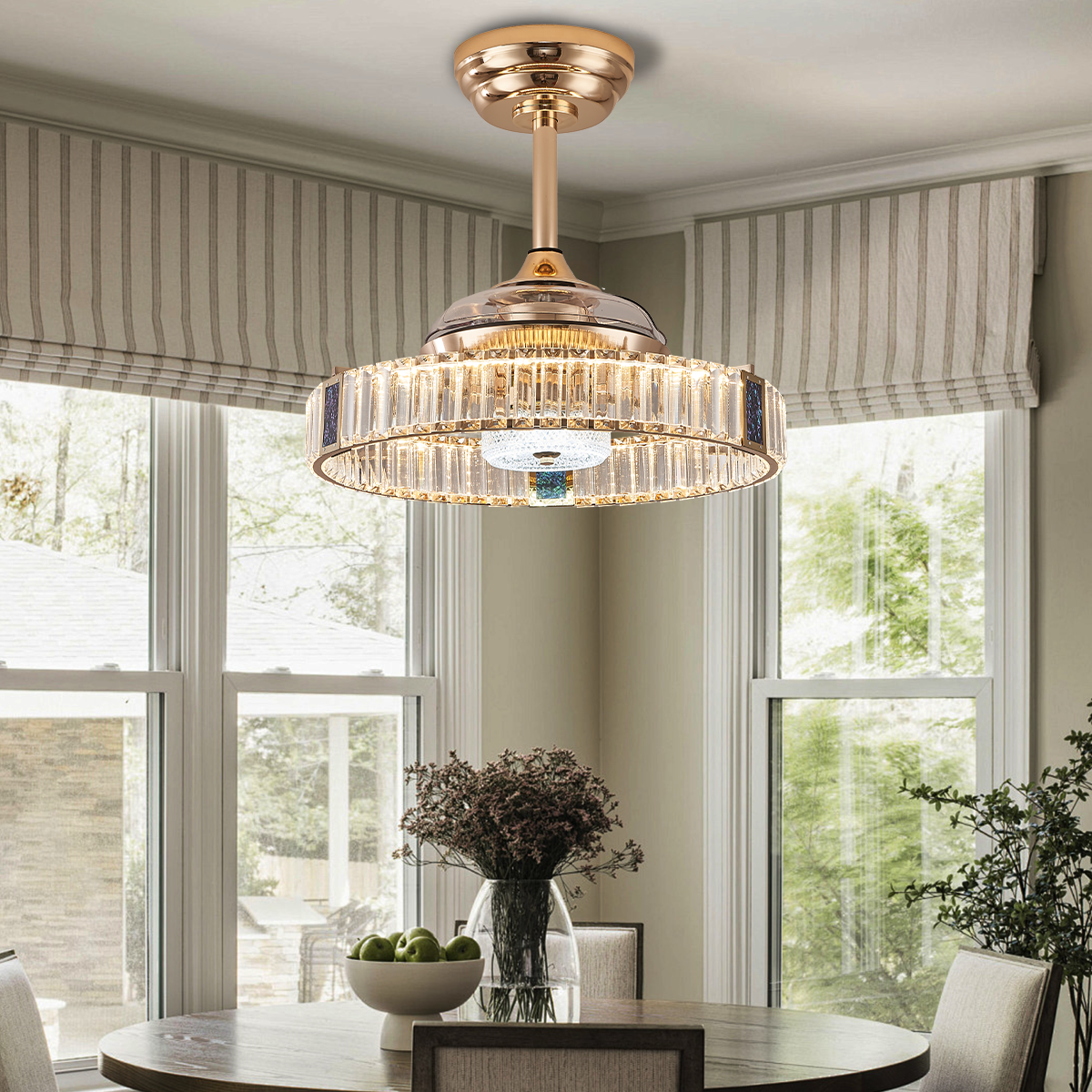 Elegant Gold Silent Ceiling Fan Lamp with Crystal Accent