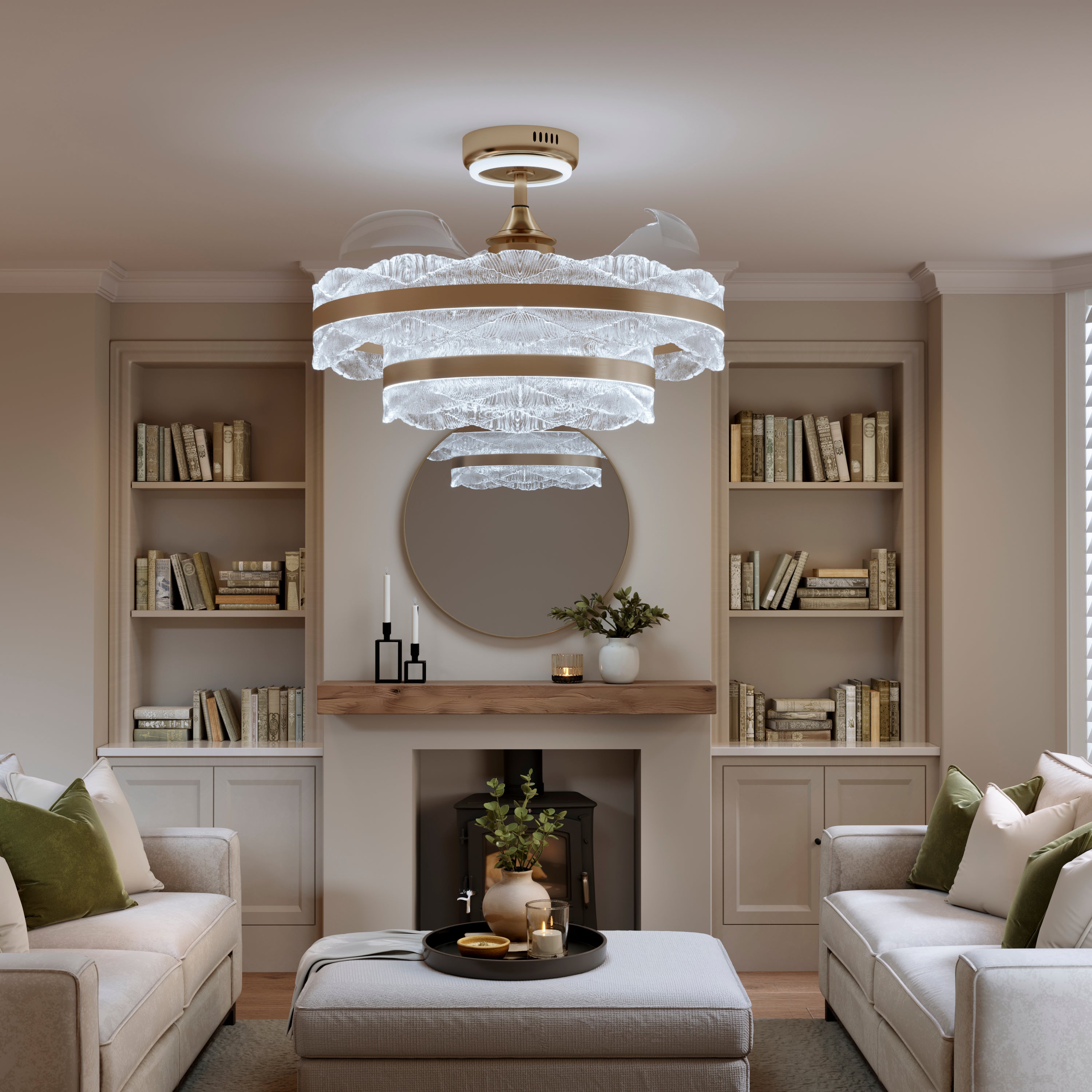 Cool white acrylic fan light in living room with fireplace and sofa