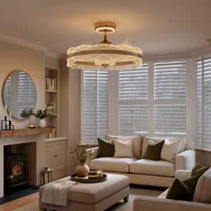Acrylic fan light over sofa in living room with bay window