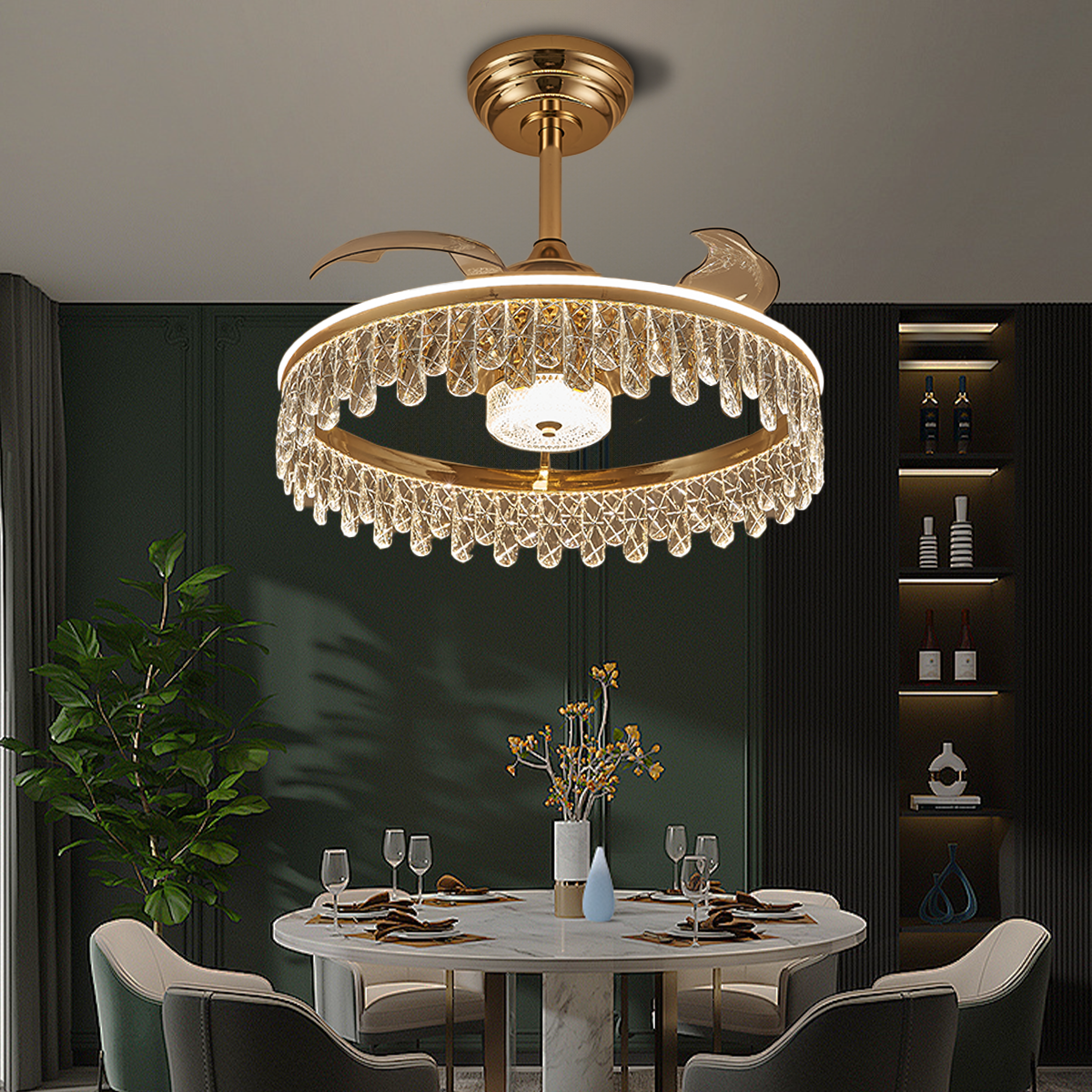 Elegant Quiet Ambiance Gold Crystal Ceiling Fan Light