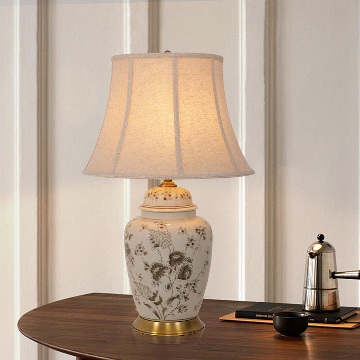 Chrysanthemum Ceramic and Copper Table Lamp with Fabric Shade