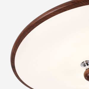 walnut two-globe flush ceiling light mounted close to the ceiling