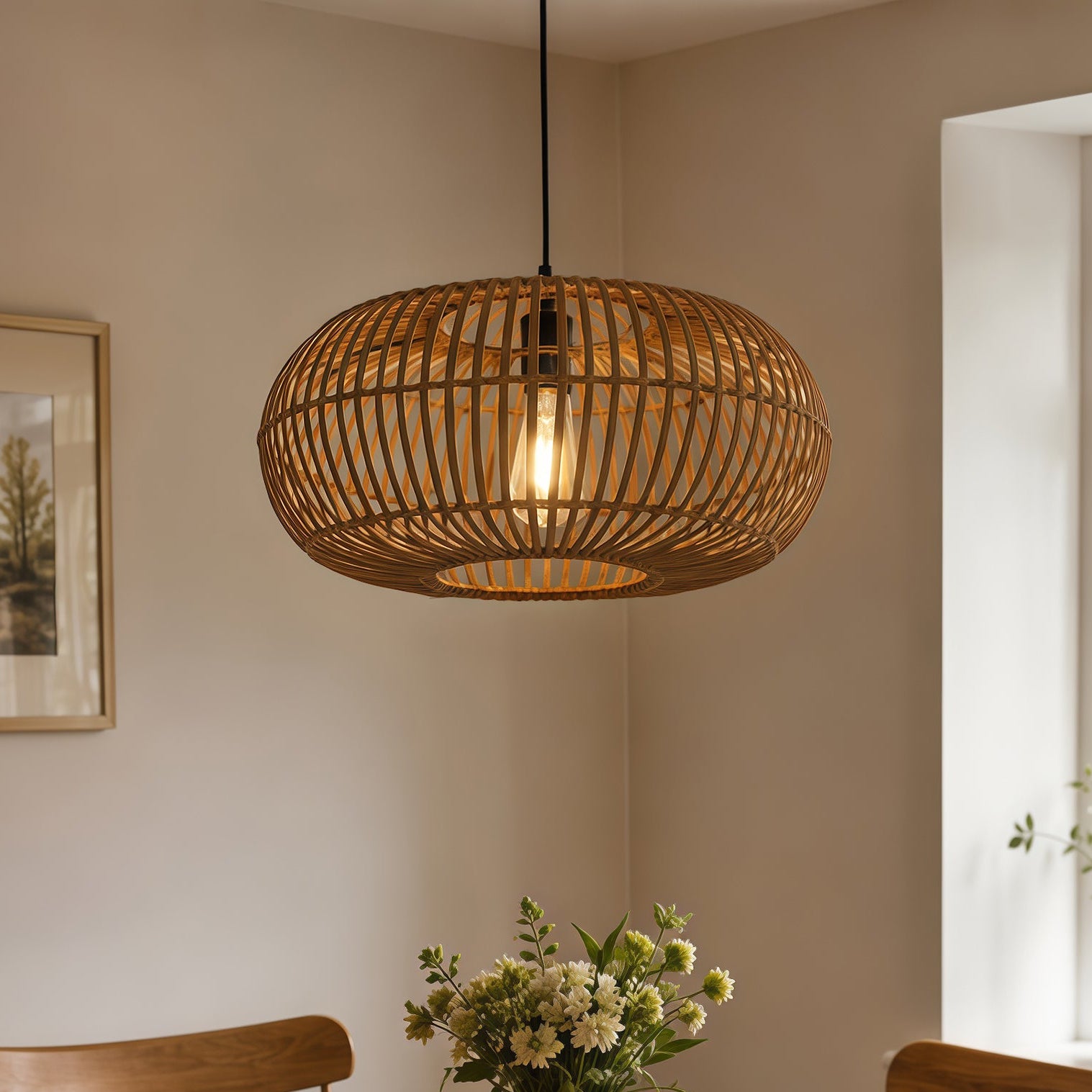 Natural Bamboo Woven Round Pendant for Warm Kitchen Pendant Lighting