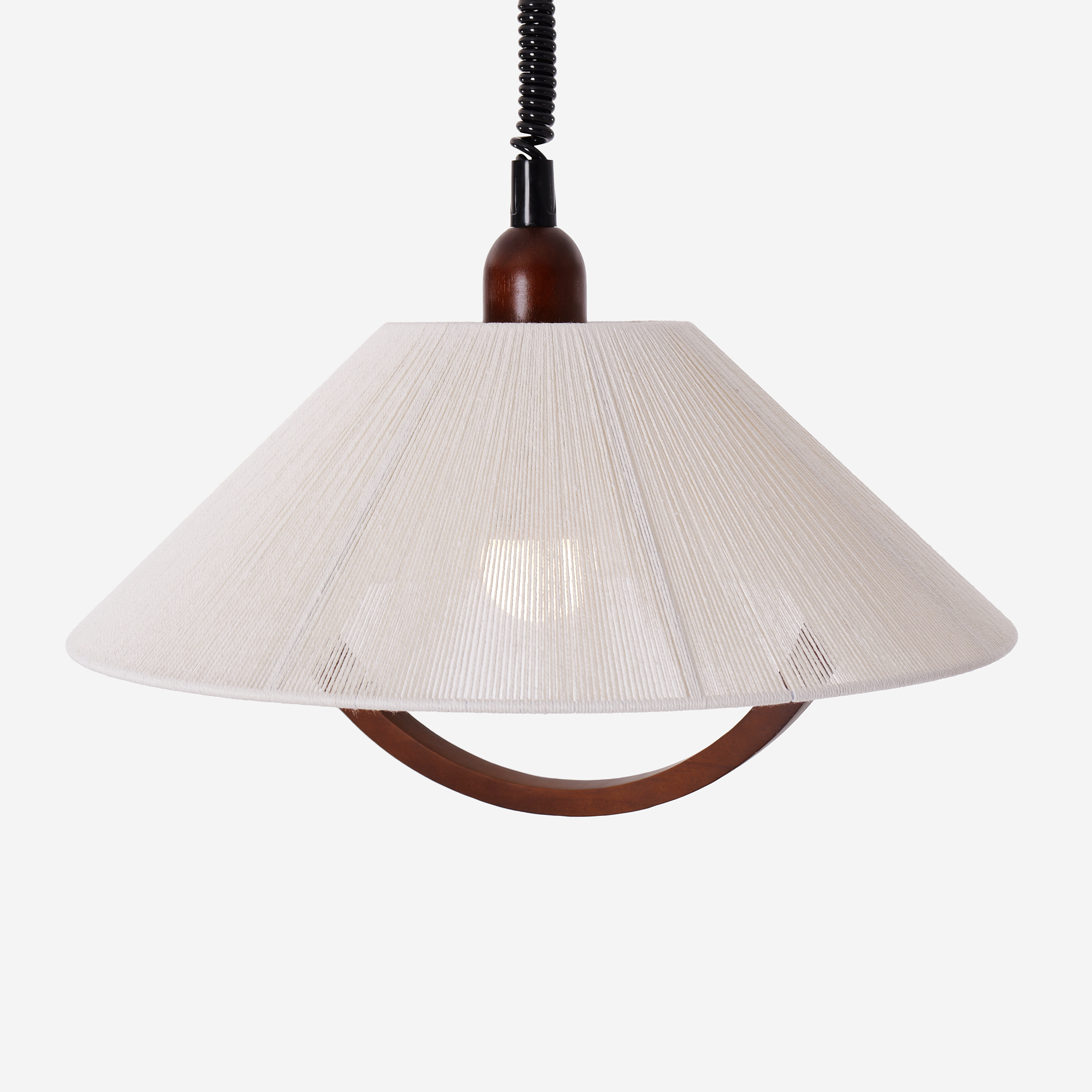 natural wood curved pendant light over a kitchen island
