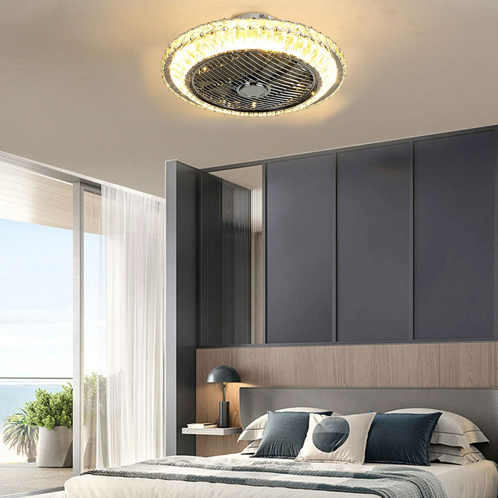 Sliver Round Crystal Flush Mount LED Ceiling Fan with Light