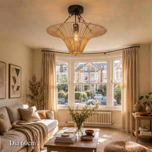 60cm woven rattan ceiling light above a bay-window living room
