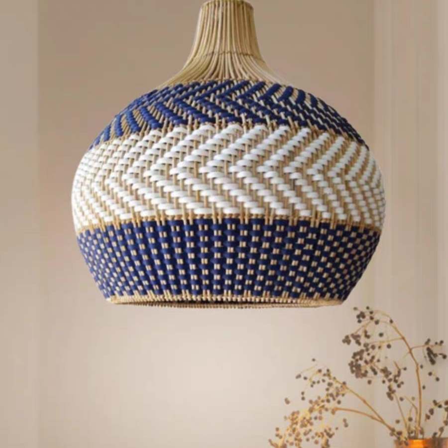 Handwoven Blue and White Rattan Pendant Light